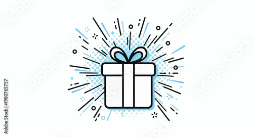 A cartoonish present with a ribbon bursts with abstract light rays