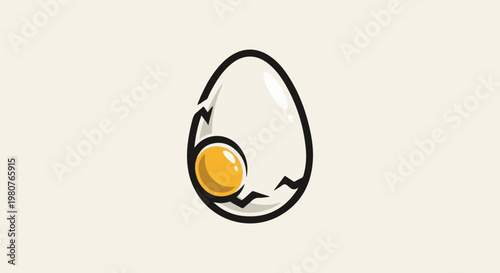 A cartoon-style cracked egg with a bright yellow yolk on a cream background