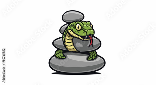A cartoon green snake with yellow markings sits coiled on stacked grey stones