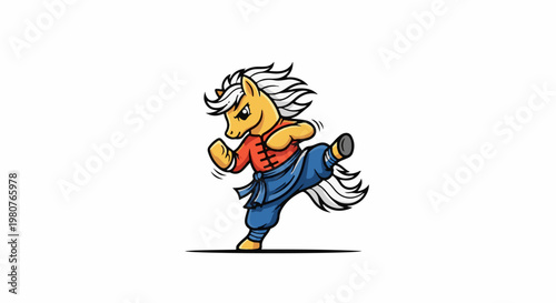A cartoon horse dressed in martial arts attire performs a high kick