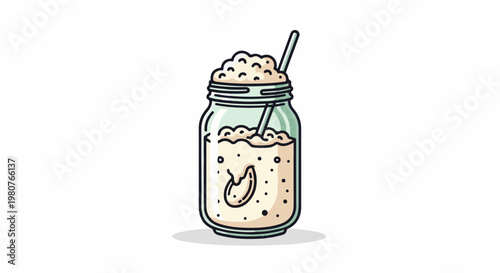 A cartoon-style jar filled with a frothy, light-colored drink and a straw