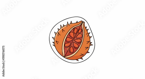 A cartoon-style kiwano fruit, halved, with visible seeds and pulp