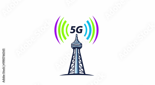 A broadcast tower emits colorful waves, symbolizing 5G connectivity