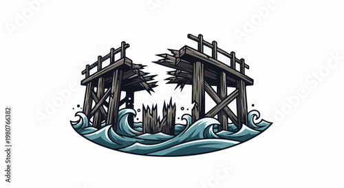 A broken wooden pier juts out into rough, choppy ocean waves