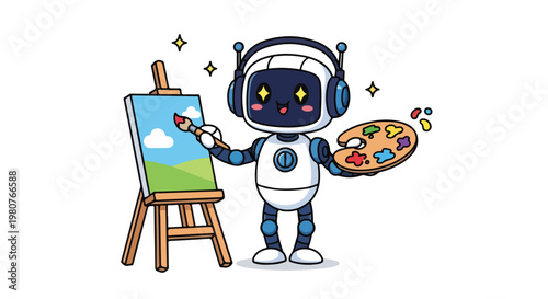Cute robot character painting colorful artwork on easel with artist palette and creative tools