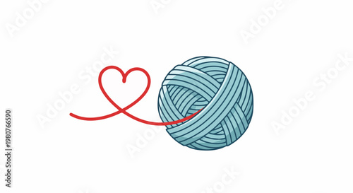 A blue ball of yarn connected to a red heart shape