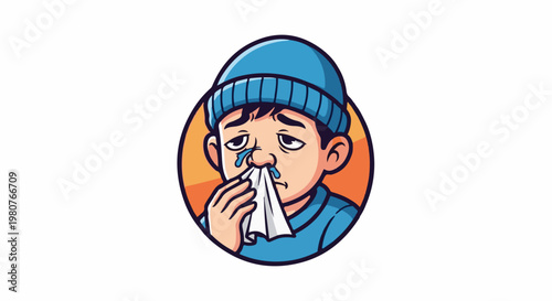 A cartoon of a child wearing a blue beanie, wiping a runny nose