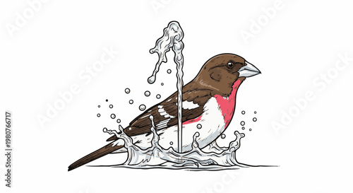 A brown bird with pink chest splashes in water from a fountain
