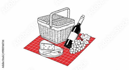 A black and white line art illustration of a picnic basket with wine, cheese, and grapes