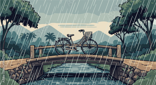 A bicycle stands on a wooden bridge over a stream during a rain shower