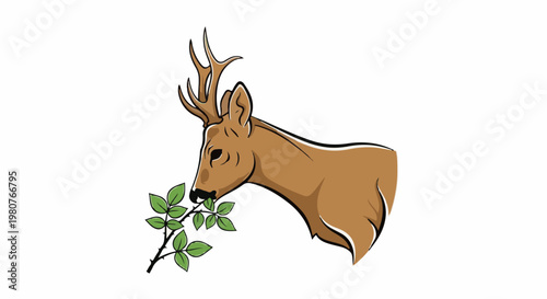 A brown deer with antlers eats green leaves from a branch