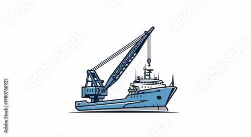 A blue crane ship with a movable boom and hook on a white background