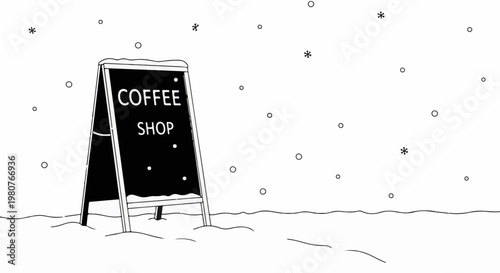 A chalkboard sign advertising a coffee shop stands in the snow