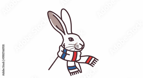 A cartoon rabbit with long ears wears a striped scarf