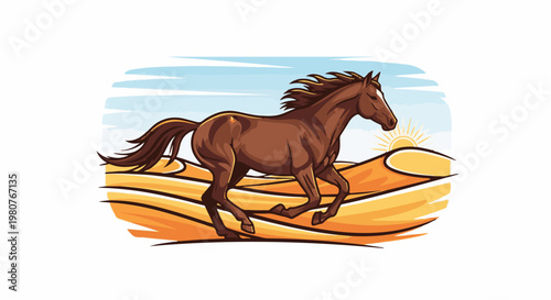A brown horse gallops across sand dunes under a bright sun