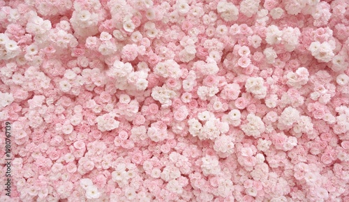 A dense cluster of delicate pink and white roses creates a soft, romantic floral background.
