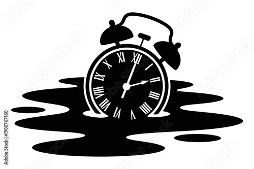 A black and white vector graphic of an alarm clock sinking into water