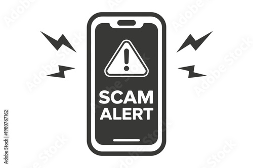 A black and white vector graphic illustration of a scam alert on a smartphone