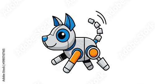 A cartoon robot dog with blue ears, eyes, and nose, silver body
