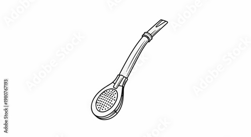 A black and white line drawing of a bombilla, a metal straw with a perforated filter