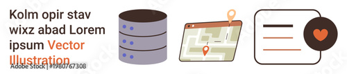 Data storage, mapping, digital profiles, information systems, software navigation, connection tools. A database icon, map with location pin and profile interface desktop icon. Data storage