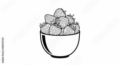 A black and white line drawing of a bowl overflowing with ripe strawberries