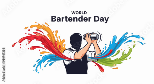 A bartender shakes a cocktail shaker amidst colorful liquid splashes