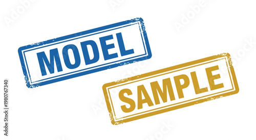 Two rubber stamps labeled model and sample with inked impressions on white background for branding or testing purposes