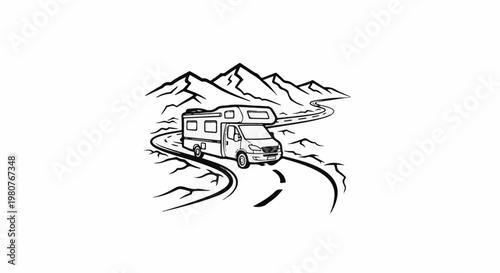 A camper van drives on a winding road through mountainous terrain
