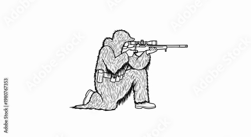 A camouflaged figure kneels aiming a sniper rifle