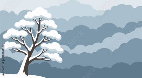 A bare tree covered in snow stands against a backdrop of layered grey clouds