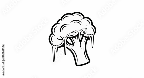 A black and white line drawing of a broccoli stalk with melting cheese