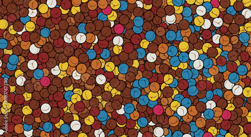 A chaotic, pixelated jumble of colorful round objects, mostly brown