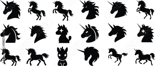 Unicorn Fantasy Icon Set – Black and White Mythical Vector Collection, Magic Horse Symbols Isolated on White Background