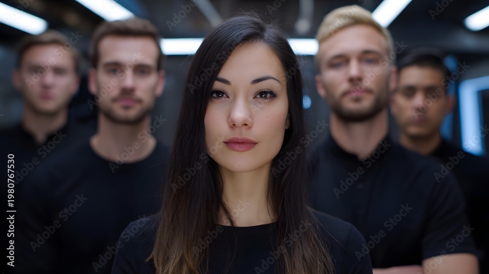 Obraz premium A confident woman is featured in the foreground standing with a group of men in a sleek professional indoor environment