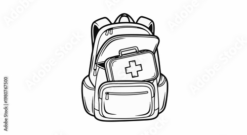 A backpack with an open compartment revealing a first aid kit with a cross