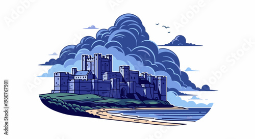 A blue pixel art castle sits on a hill above a beach under stormy clouds