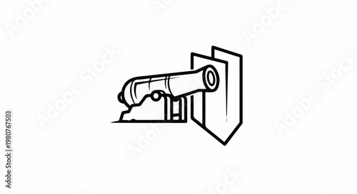 A black and white line drawing of a cannon on a stand aimed at a shield