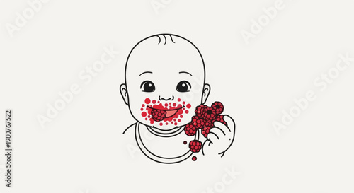 A baby with a bib is enjoying raspberries, smearing their face