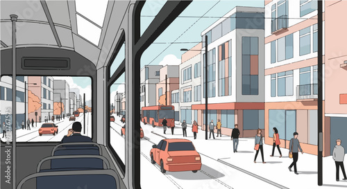 Tram moving along city street with buildings and pedestrians illustration