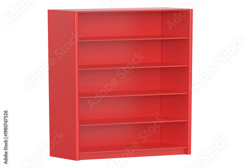 Stacked red modular storage units with open compartments isolated on transparent background