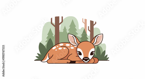 A charming cartoon fawn rests peacefully amidst a stylized forest backdrop