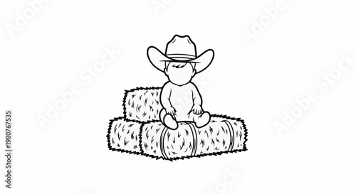 A baby wearing a cowboy hat sits on stacked hay bales