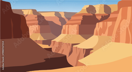 Grand canyon rocky landscape with deep valleys and blue sky illustration