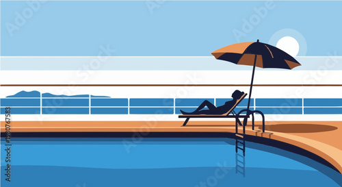 Person relaxing on lounge chair by ship deck pool with ocean view