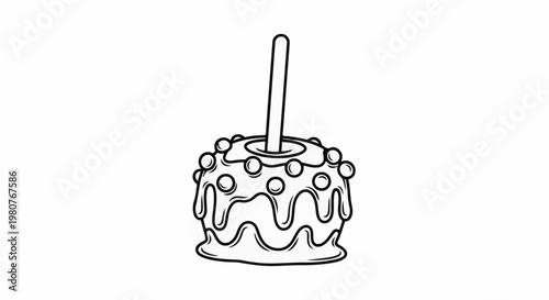 A black and white line drawing of a caramel apple with round candies