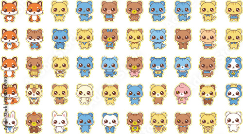 Vector illustration of cute cartoon animals in colorful grid pattern with playful rounded design