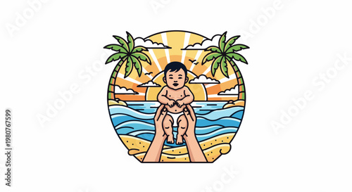 A baby is held up by hands against a tropical beach sunset scene