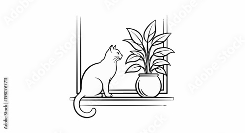 A black and white line drawing of a cat sitting on a window ledge next to a potted plant
