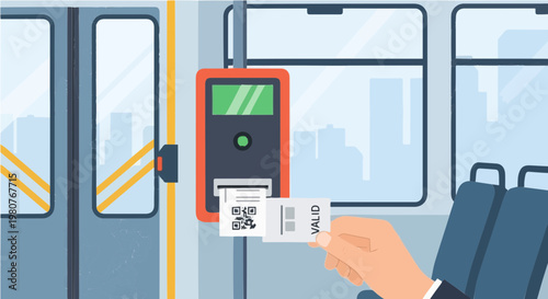 Hand holding ticket at electronic validator gate in transit